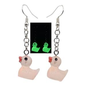 Pink Glow in the Dark Duck Earrings Rave Festival Rubber Duck Jewelry
